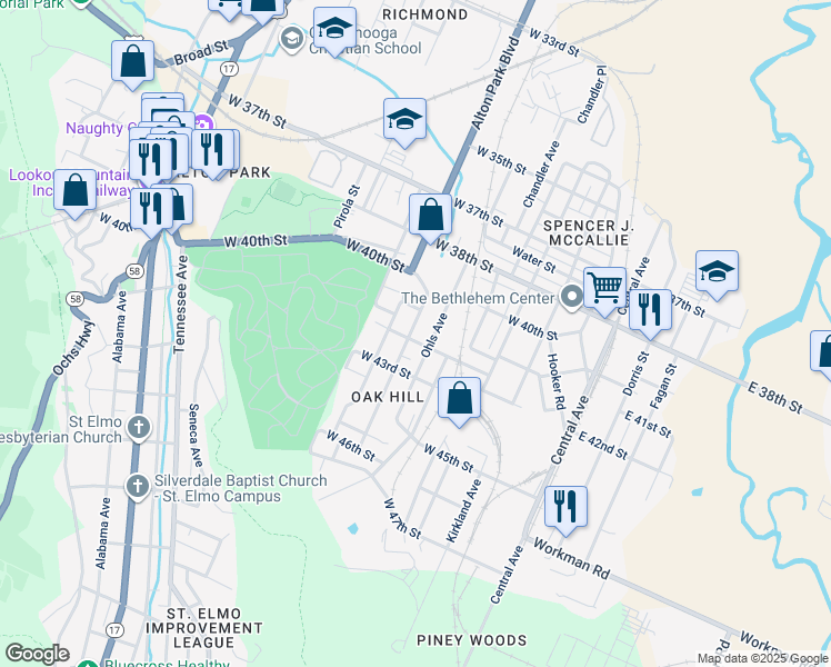map of restaurants, bars, coffee shops, grocery stores, and more near 4116 Grand Avenue in Chattanooga