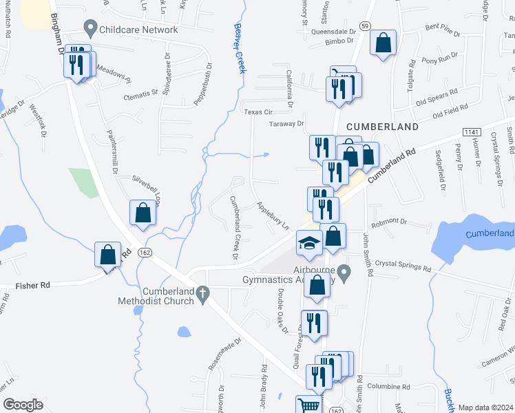 map of restaurants, bars, coffee shops, grocery stores, and more near 2305 Cumberland Bay Drive in Fayetteville