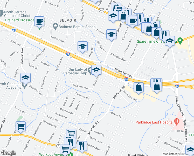 map of restaurants, bars, coffee shops, grocery stores, and more near 505 South Moore Road in East Ridge