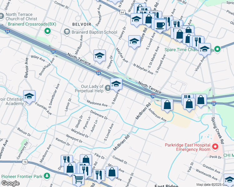 map of restaurants, bars, coffee shops, grocery stores, and more near 505 South Moore Road in East Ridge