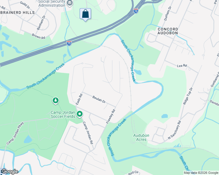 map of restaurants, bars, coffee shops, grocery stores, and more near 59 Frawley Road in Chattanooga