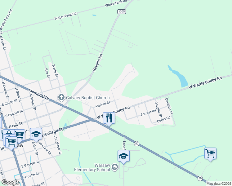 map of restaurants, bars, coffee shops, grocery stores, and more near 100-220 Dogwood Drive in Warsaw