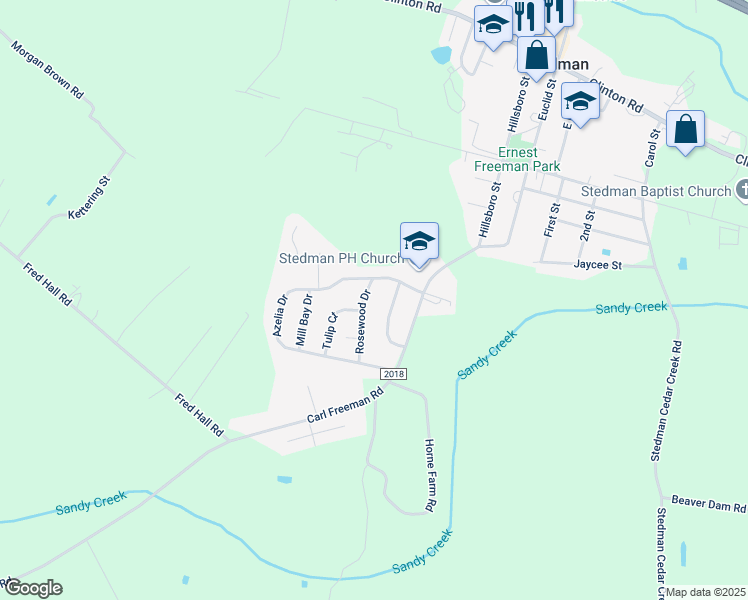 map of restaurants, bars, coffee shops, grocery stores, and more near 509 Rosewood Drive in Stedman