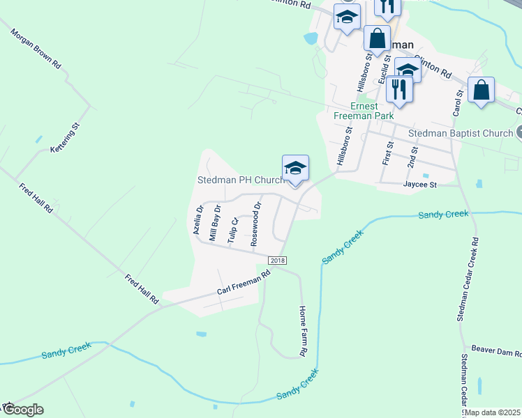 map of restaurants, bars, coffee shops, grocery stores, and more near 509 Rosewood Drive in Stedman