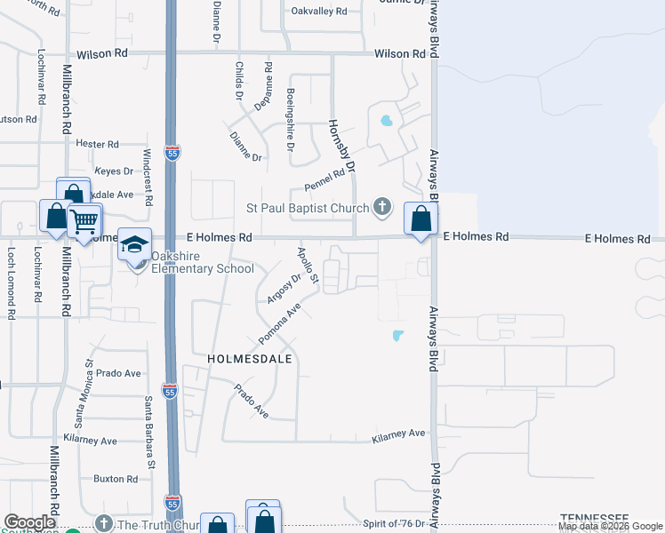 map of restaurants, bars, coffee shops, grocery stores, and more near 5240 Apollo Street in Memphis
