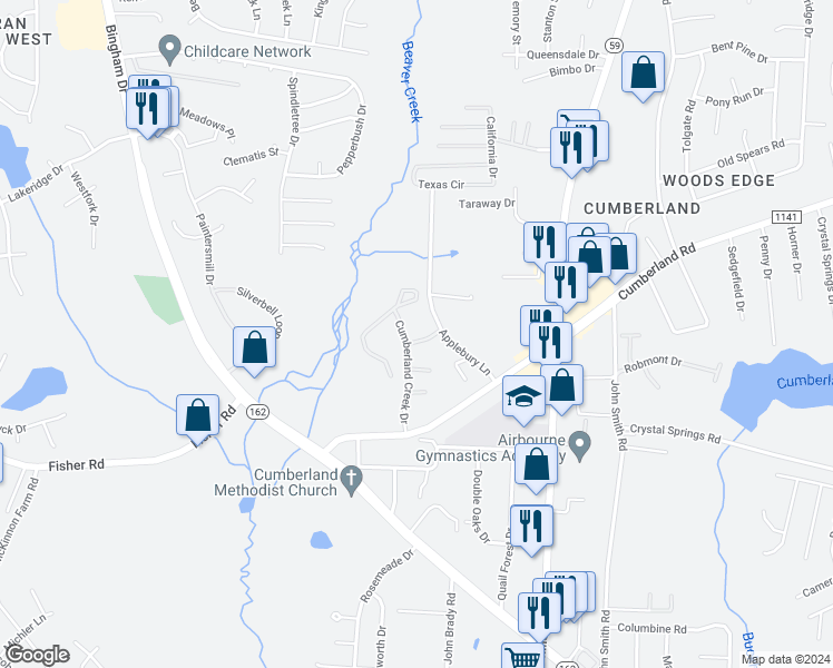 map of restaurants, bars, coffee shops, grocery stores, and more near 2312 Cumberland Bay Drive in Fayetteville