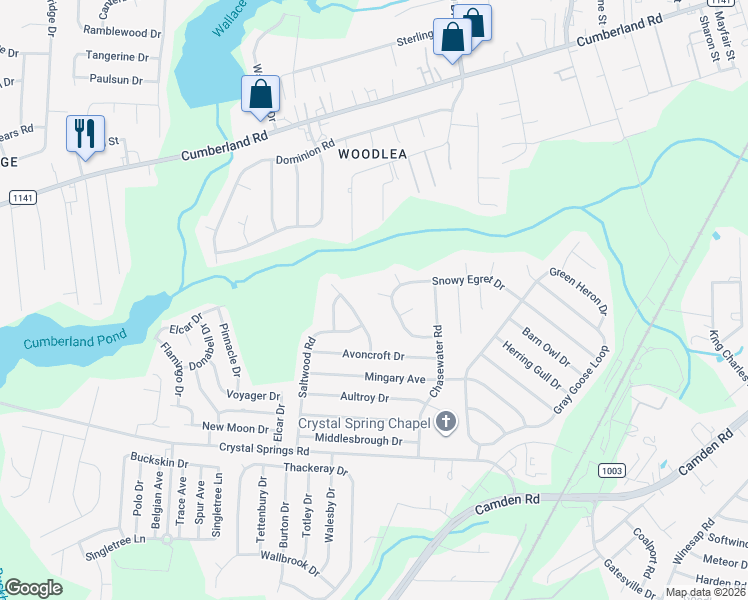 map of restaurants, bars, coffee shops, grocery stores, and more near 2106 Ardfern Place in Fayetteville