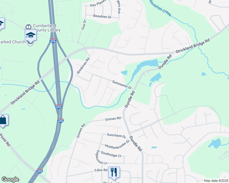 map of restaurants, bars, coffee shops, grocery stores, and more near 7119 Overland Court in Fayetteville