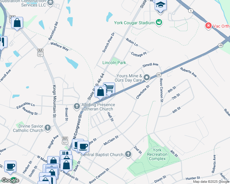 map of restaurants, bars, coffee shops, grocery stores, and more near 123 Norris Avenue in York