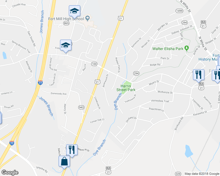 map of restaurants, bars, coffee shops, grocery stores, and more near 120 Dogwood Lane in Fort Mill