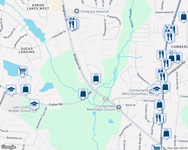 map of restaurants, bars, coffee shops, grocery stores, and more near 2535 Painters Mill Drive in Fayetteville