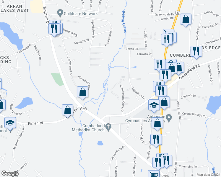 map of restaurants, bars, coffee shops, grocery stores, and more near 2336 Cumberland Gap Drive in Fayetteville