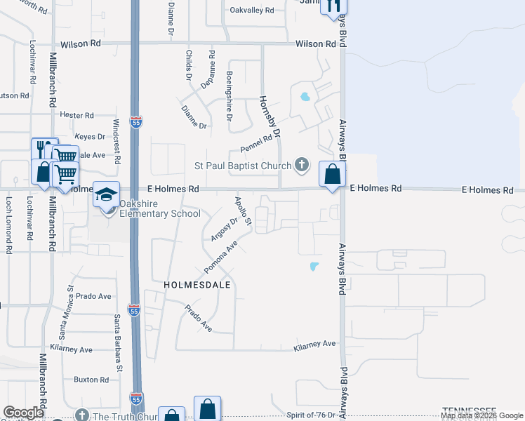map of restaurants, bars, coffee shops, grocery stores, and more near 5240 Apollo Street in Memphis