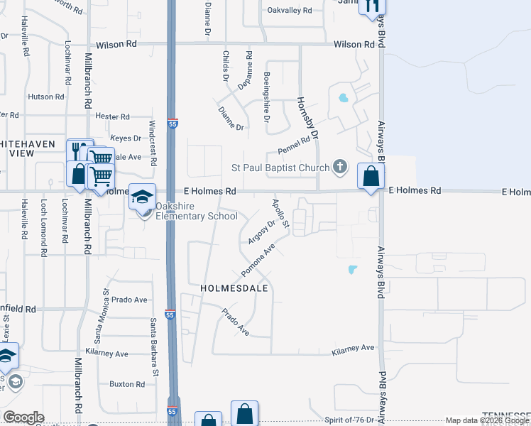 map of restaurants, bars, coffee shops, grocery stores, and more near 5232 Jordan Drive in Memphis