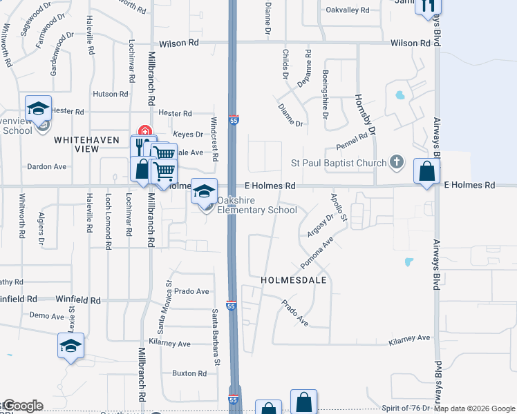 map of restaurants, bars, coffee shops, grocery stores, and more near 1857 East Holmes Road in Memphis