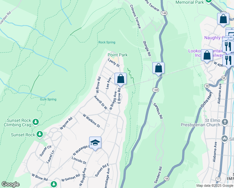 map of restaurants, bars, coffee shops, grocery stores, and more near 829 North Bragg Avenue in Lookout Mountain