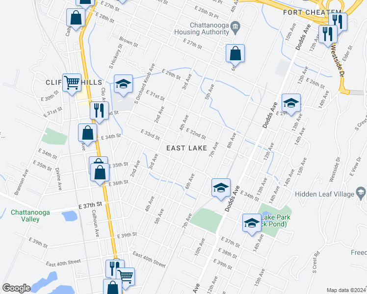 map of restaurants, bars, coffee shops, grocery stores, and more near 3217 5th Avenue in Chattanooga