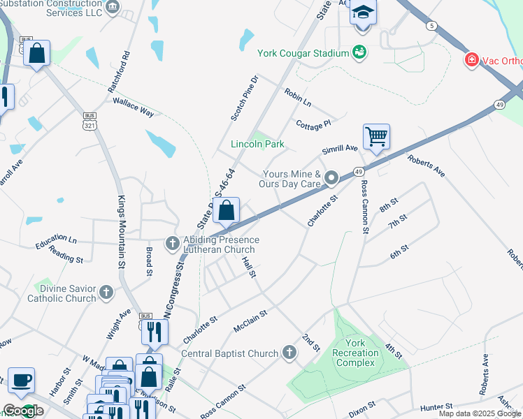 map of restaurants, bars, coffee shops, grocery stores, and more near 123 Norris Avenue in York