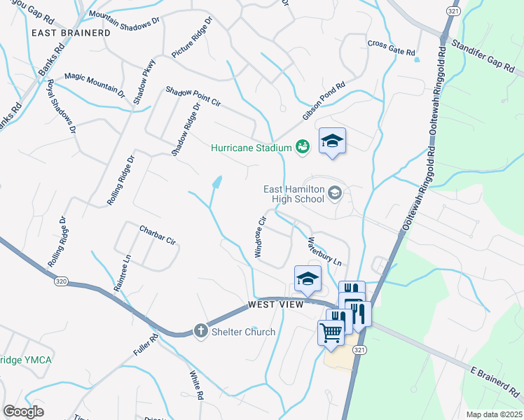 map of restaurants, bars, coffee shops, grocery stores, and more near 9625 Windrose Circle in Chattanooga
