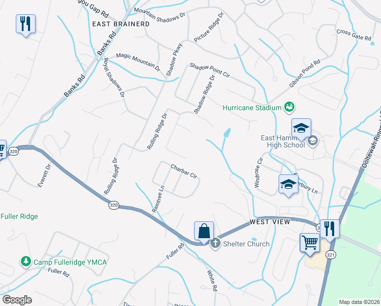 map of restaurants, bars, coffee shops, grocery stores, and more near 9417 Seasons Drive in Chattanooga