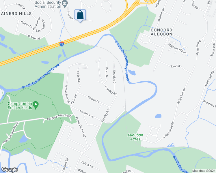 map of restaurants, bars, coffee shops, grocery stores, and more near 59 Frawley Road in Chattanooga