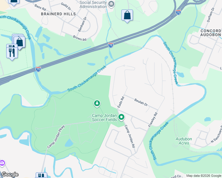 map of restaurants, bars, coffee shops, grocery stores, and more near 6722 Jordan Run Road in Chattanooga
