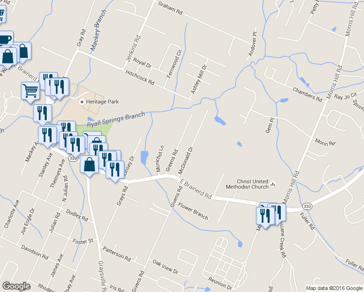 map of restaurants, bars, coffee shops, grocery stores, and more near 1134 Greens Rd in Chattanooga
