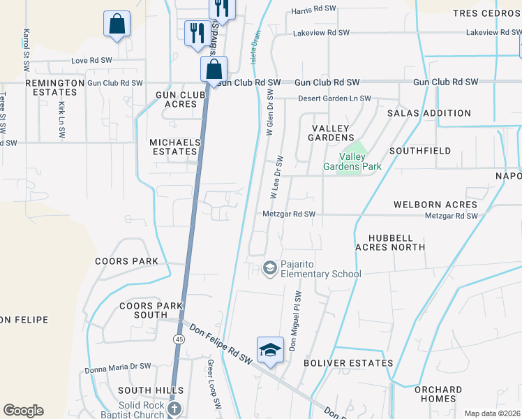 map of restaurants, bars, coffee shops, grocery stores, and more near 4752 W Glen Dr SW in Albuquerque