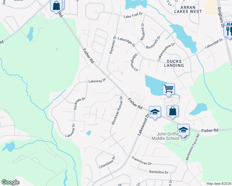 map of restaurants, bars, coffee shops, grocery stores, and more near 2708 Mosquera Drive in Fayetteville