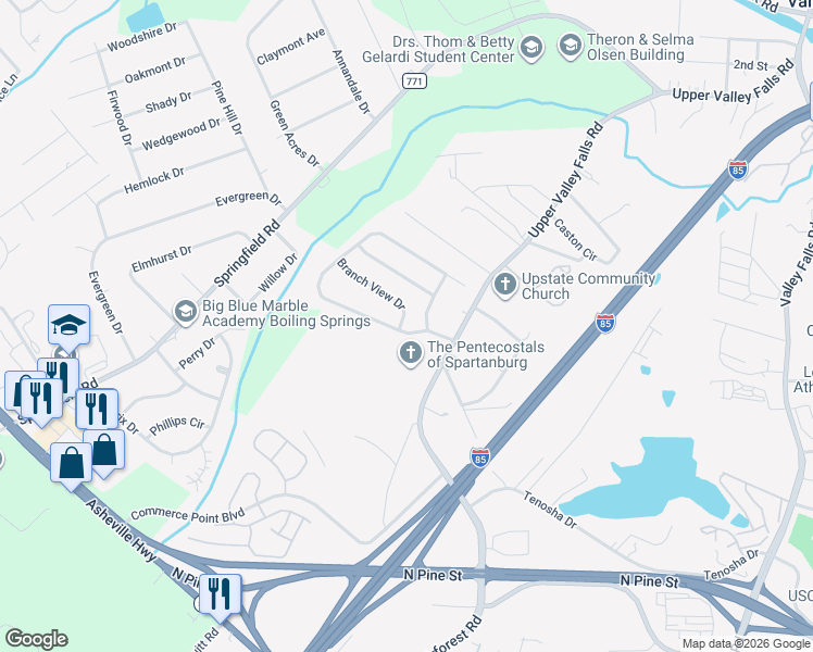 map of restaurants, bars, coffee shops, grocery stores, and more near 128 Stonewood Crossing Dr in Boiling Springs