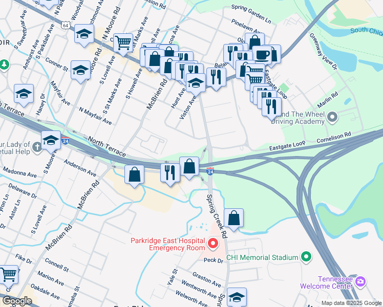 map of restaurants, bars, coffee shops, grocery stores, and more near 5461 North Terrace in Chattanooga