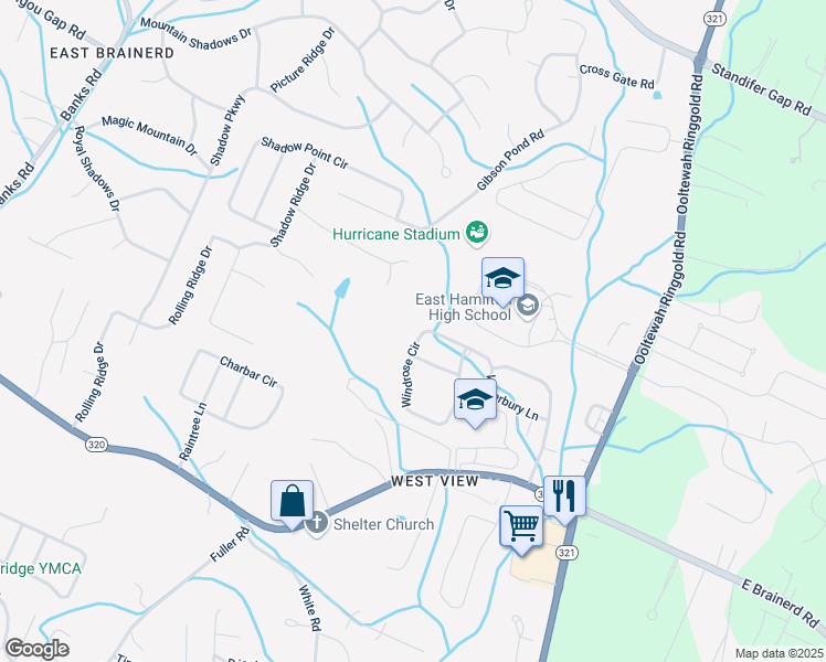 map of restaurants, bars, coffee shops, grocery stores, and more near 9625 Windrose Circle in Chattanooga