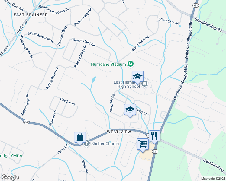 map of restaurants, bars, coffee shops, grocery stores, and more near 9625 Windrose Circle in Chattanooga