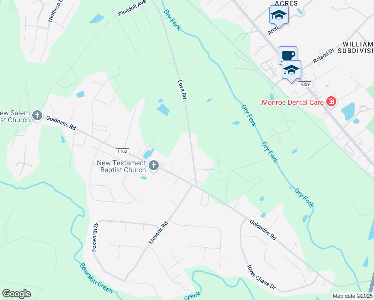 map of restaurants, bars, coffee shops, grocery stores, and more near 1403 Love Road in Monroe