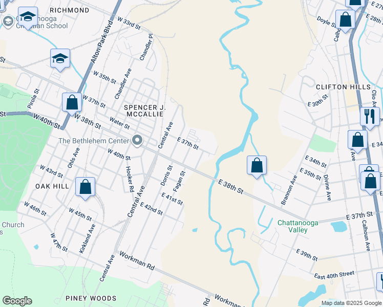 map of restaurants, bars, coffee shops, grocery stores, and more near 3734 Fagan Street in Chattanooga