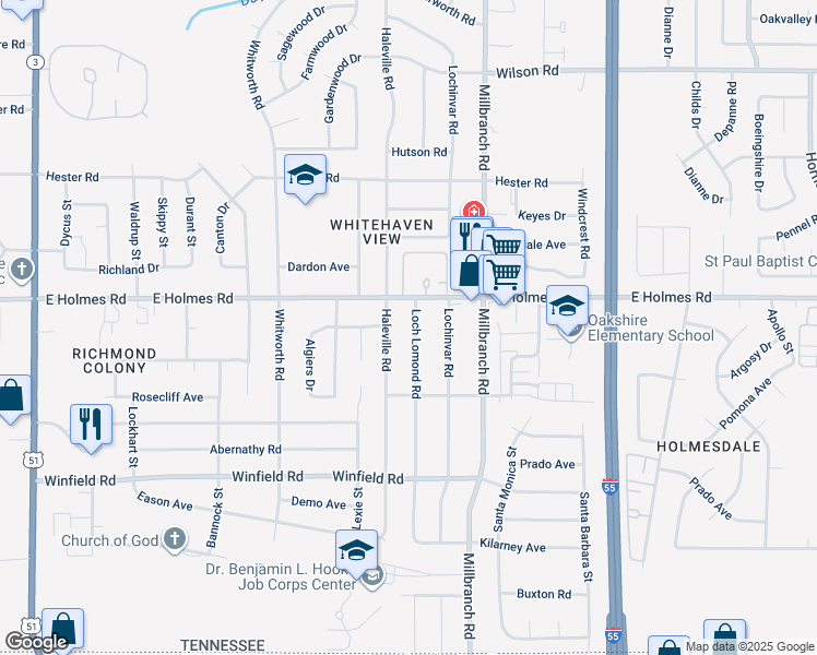 map of restaurants, bars, coffee shops, grocery stores, and more near 5237 Loch Lomond Road in Memphis
