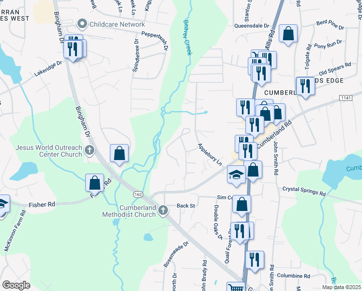 map of restaurants, bars, coffee shops, grocery stores, and more near 2510 Cumberland Creek Drive in Fayetteville