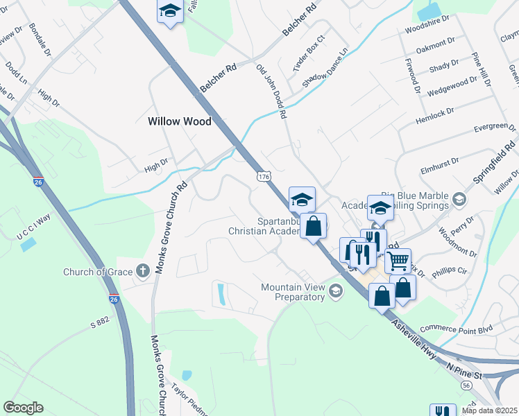 map of restaurants, bars, coffee shops, grocery stores, and more near 26 Willowood Drive in Spartanburg