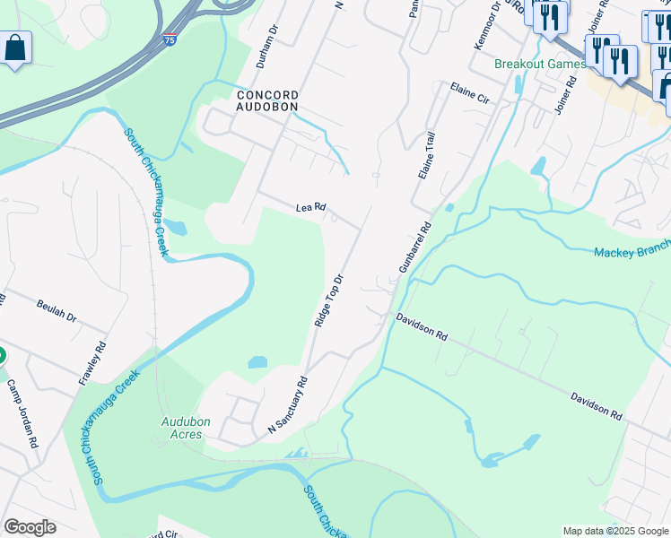 map of restaurants, bars, coffee shops, grocery stores, and more near 1147 Ridge Top Drive in Chattanooga