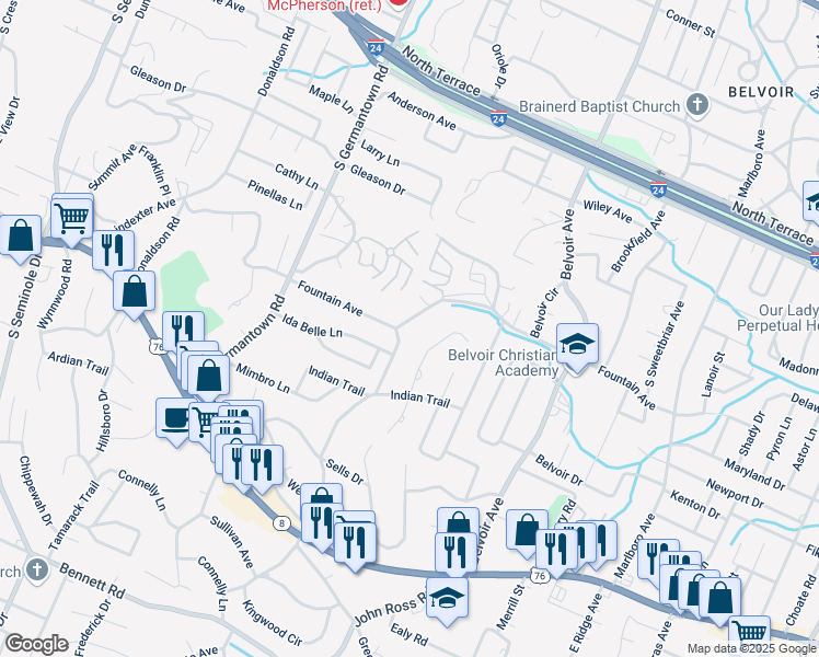 map of restaurants, bars, coffee shops, grocery stores, and more near 3700 Fountain Avenue in Chattanooga