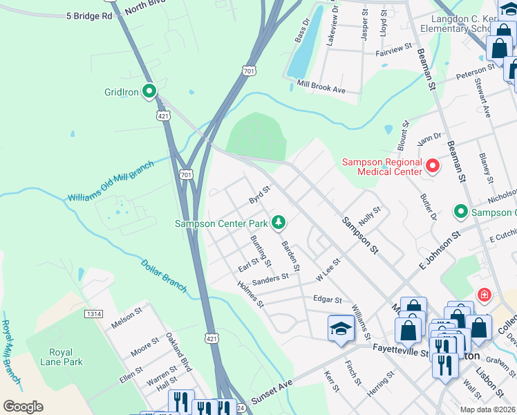 map of restaurants, bars, coffee shops, grocery stores, and more near 1005 Barden Street in Clinton