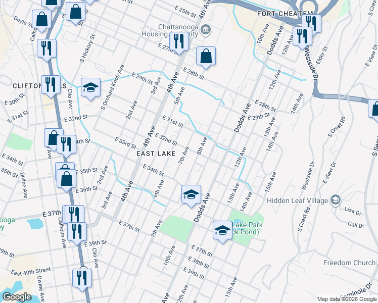 map of restaurants, bars, coffee shops, grocery stores, and more near 3200 7th Avenue in Chattanooga