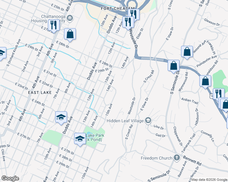 map of restaurants, bars, coffee shops, grocery stores, and more near 3001 15th Avenue in Chattanooga