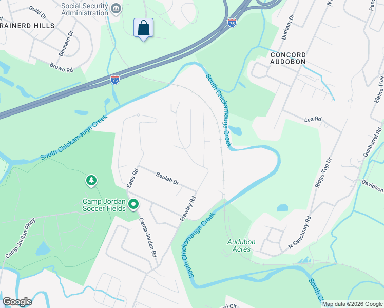 map of restaurants, bars, coffee shops, grocery stores, and more near 59 Frawley Road in Chattanooga