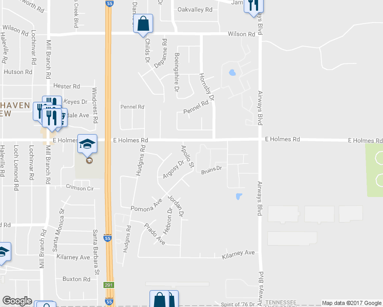 map of restaurants, bars, coffee shops, grocery stores, and more near 5240 Apollo Street in Memphis
