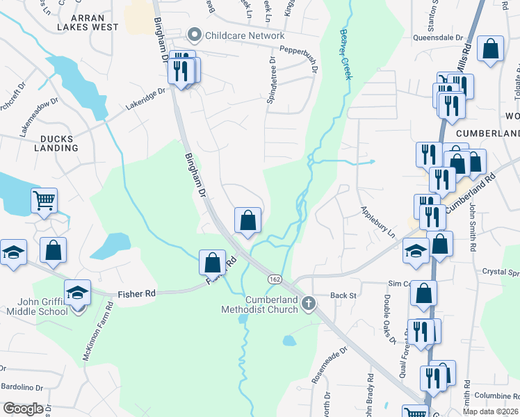 map of restaurants, bars, coffee shops, grocery stores, and more near 2526 Silver Bell Loop in Fayetteville