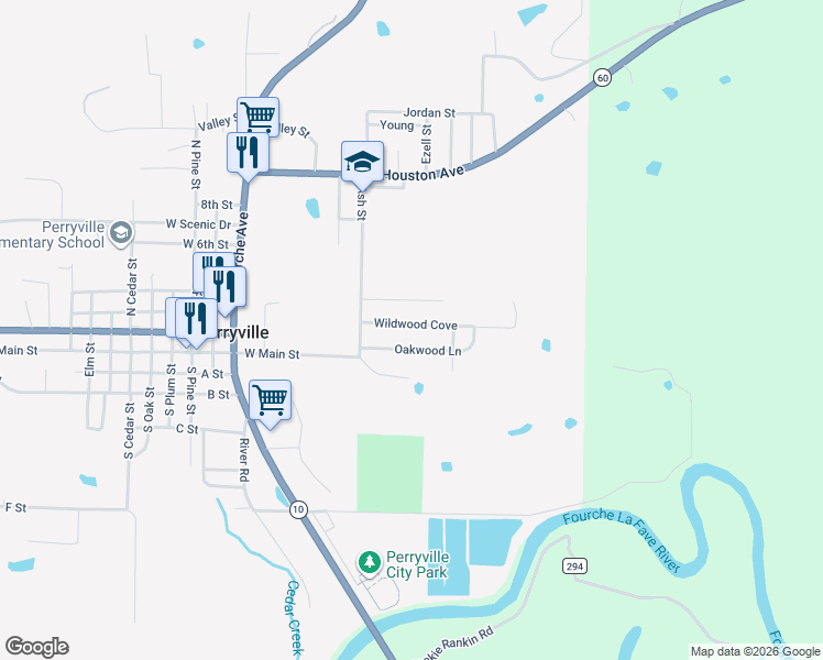 map of restaurants, bars, coffee shops, grocery stores, and more near 411 Wildwood Cove in Perryville
