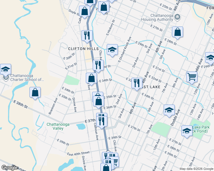 map of restaurants, bars, coffee shops, grocery stores, and more near 3408 Clio Avenue in Chattanooga