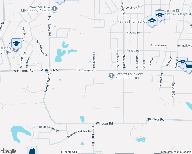 map of restaurants, bars, coffee shops, grocery stores, and more near 5230 Hillbrook Road in Memphis