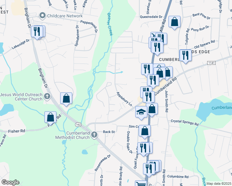 map of restaurants, bars, coffee shops, grocery stores, and more near 2304 Cumberland Bay Drive in Fayetteville